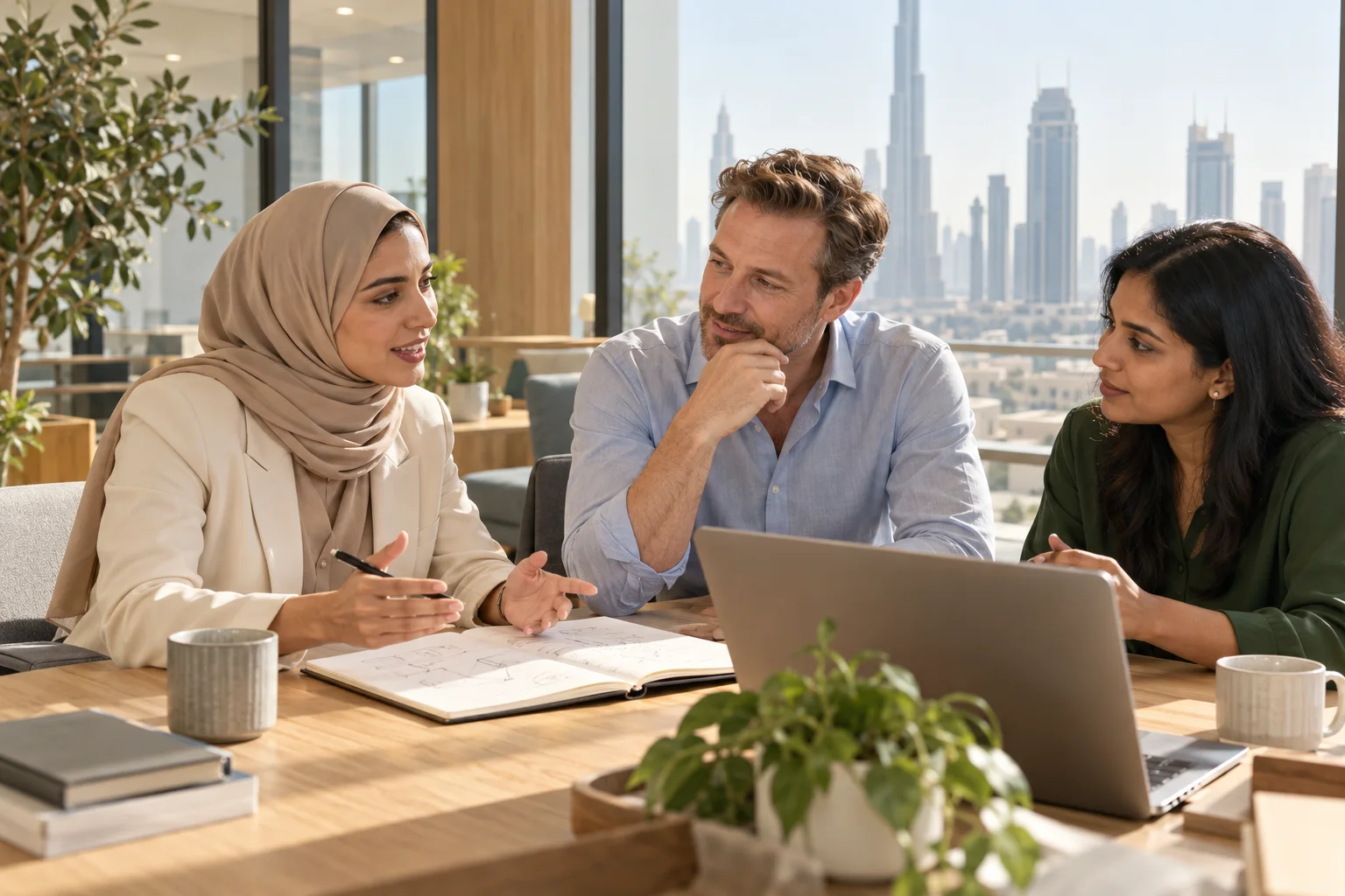 AI-generated illustration of Arab, European and Indian agency professionals reviewing a project in Dubai.