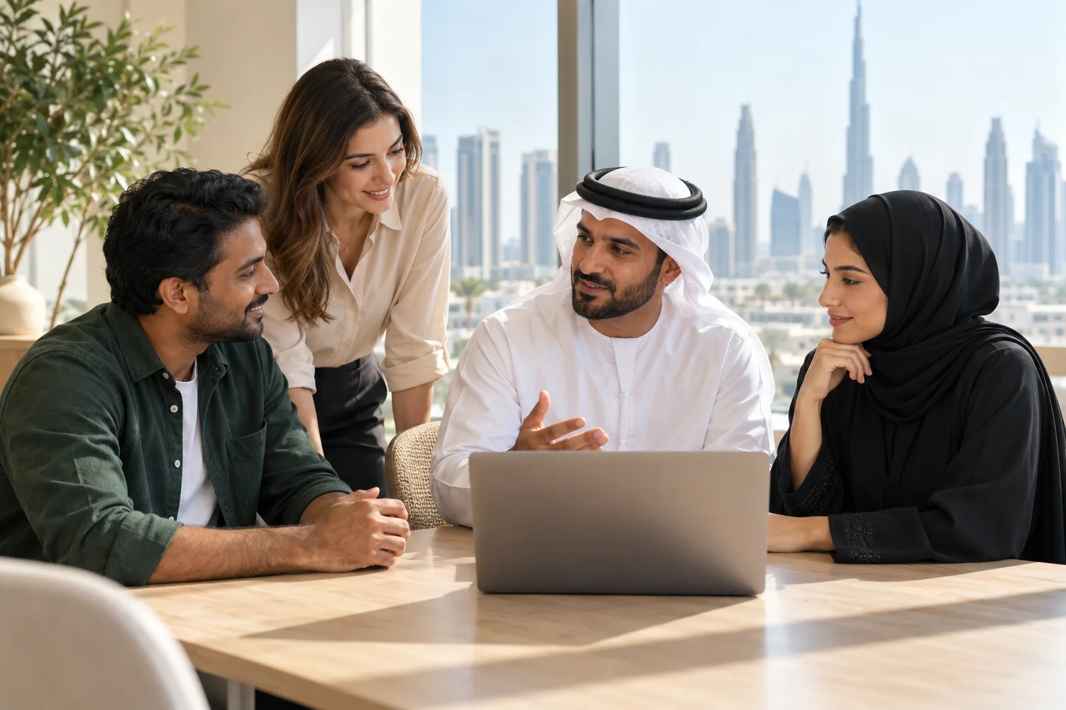 AI-generated illustration of Emirati and international professionals collaborating in a Dubai office.