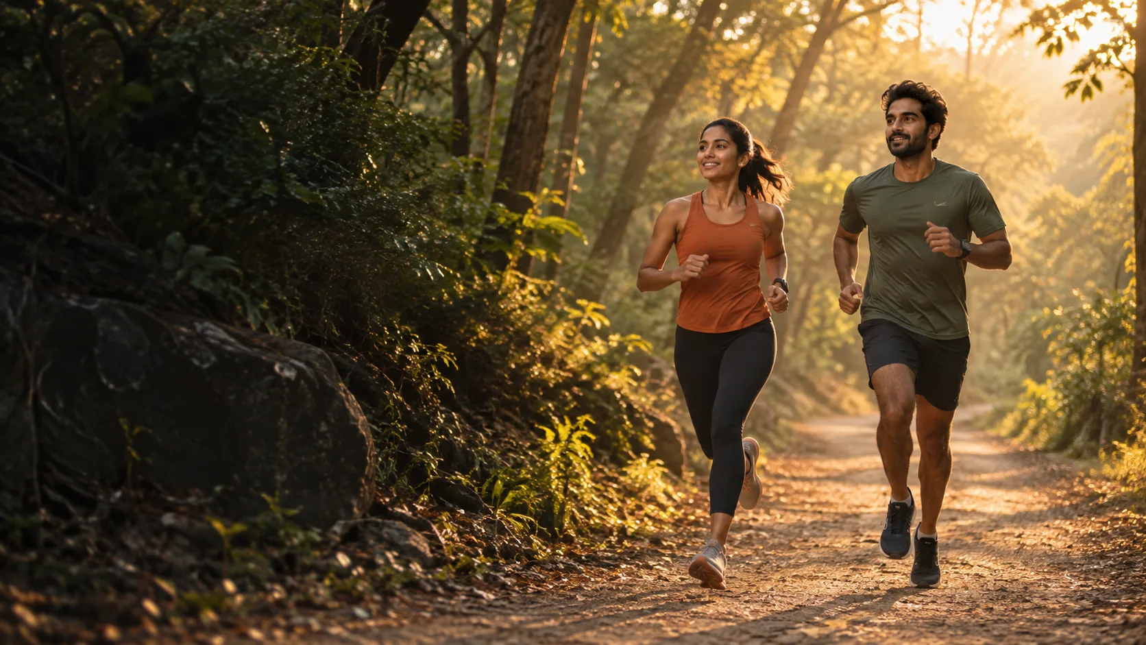 Two runners finding their rhythm on a forest trail at sunrise.